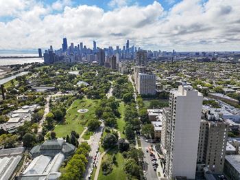 an aerial view of the city and its parks